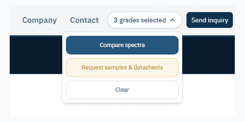 The selection badge in the site header, opened to show the Compare spectra and Request samples and datasheets actions for three selected grades.