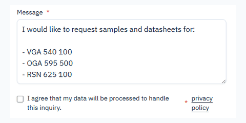 The sample request form with the three selected grades — VGA 540 100, OGA 595 500 and RSN 625 100 — already filled into the message field.