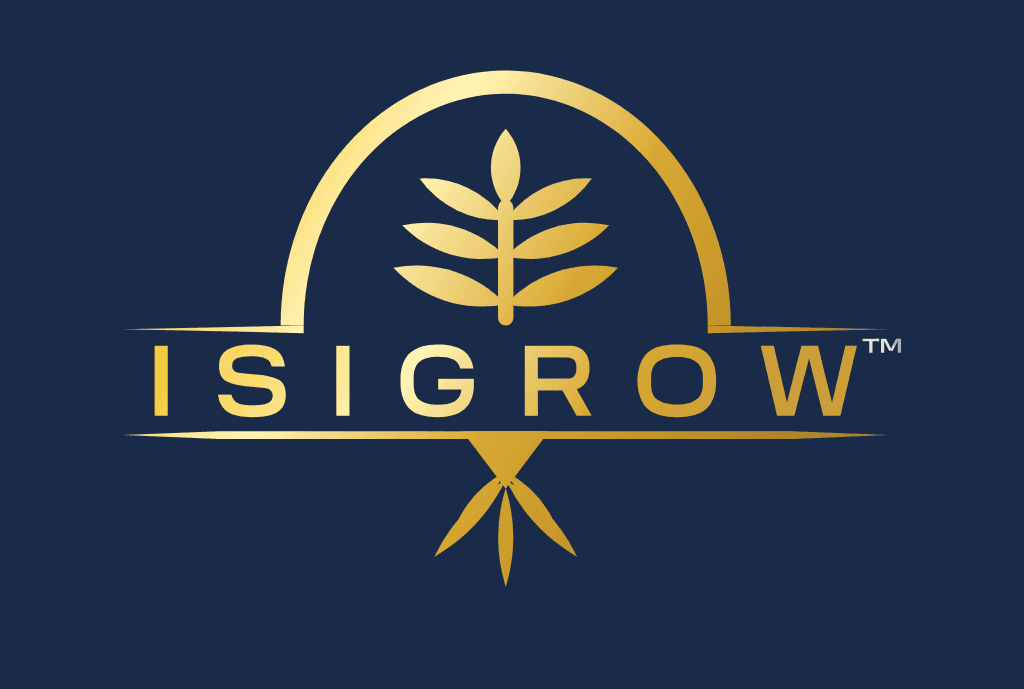 isigrow product family logo, gold on navy.
