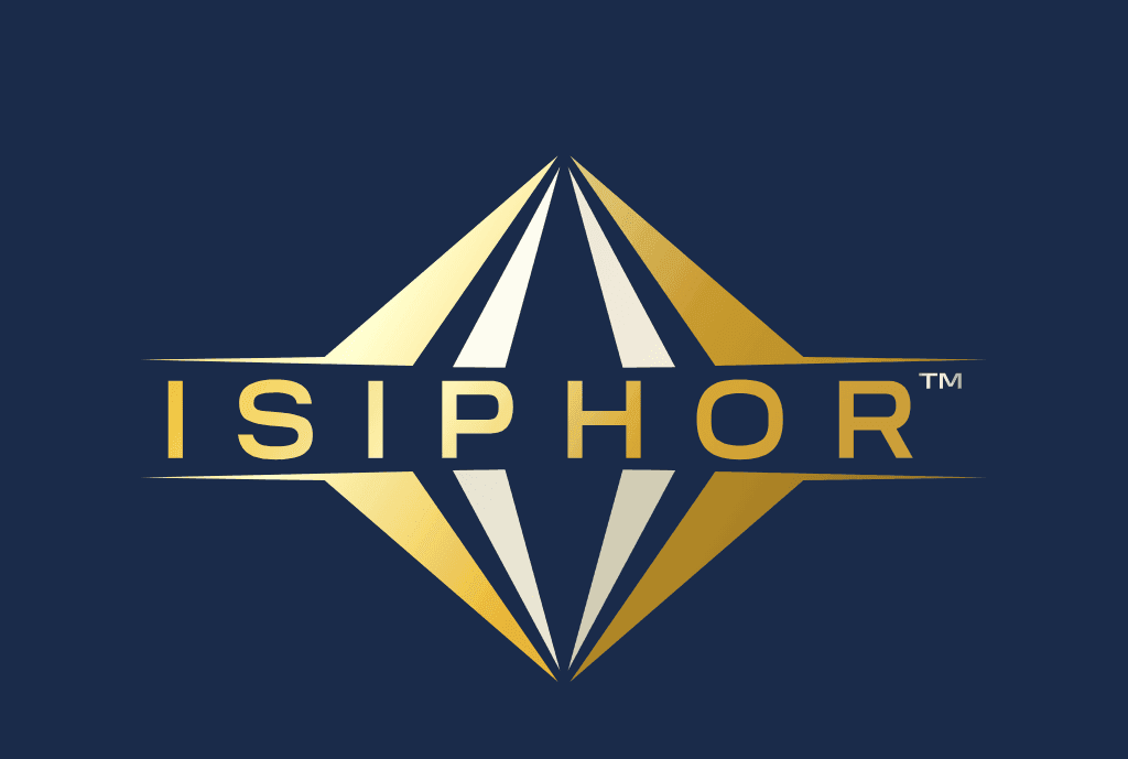 isiphor product family logo, gold on navy.
