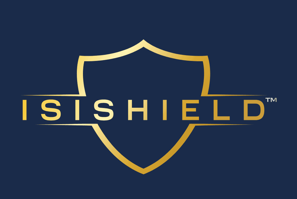 isishield product family logo, gold on navy.